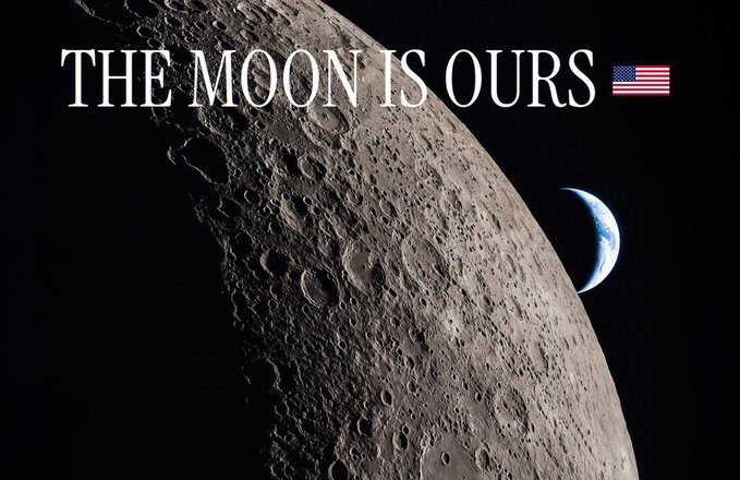 A close-up view of the moon's cratered surface with Earth visible in the distance, overlaid with the text "THE MOON IS OURS 🇺🇸".