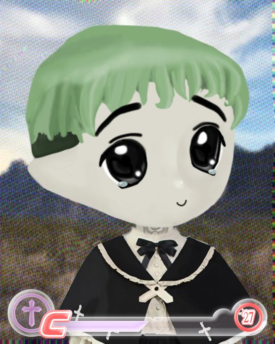A 3D avatar character with pale skin, short light green hair, large black eyes with tears, wearing a black collared outfit with a bow tie, with a gaming UI overlay showing 'C' and '27'.