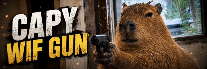 Banner image with bold text 'CAPY WIFI GUN' featuring a capybara holding a small handgun against a wooden background with warm lighting.