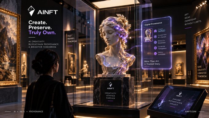 A promotional image for AINFT featuring the tagline 'Create. Preserve. Truly Own.' showing a holographic bust sculpture in a museum-like setting with 'Digital Provenance' verified information.