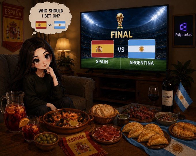 An illustrated scene of a woman watching the 'FINAL' between SPAIN and ARGENTINA on TV while pondering 'WHO SHOULD I BET ON?', with a Polymarket logo visible and Spanish and Argentine snacks and wine on the table.