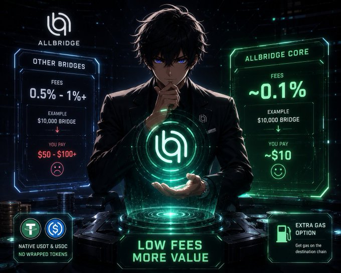 The image is an anime-style promotional graphic for Allbridge Core, featuring a dark-haired character holding a glowing "b" logo, comparing bridge fees side-by-side: "Other Bridges" charging 0.5%-1%+ (e.g., $50-$100+ on a $10,000 transaction, marked with a sad face) versus "Allbridge Core" charging ~0.1% (~$10 on the same amount, marked with a happy face), with bottom text highlighting "Low Fees, More Value," native USDC/USDT support, and an extra gas option—directly illustrating the post's claim that Allbridge Core offers significantly lower fees (around 0.1%) compared to typical bridges.