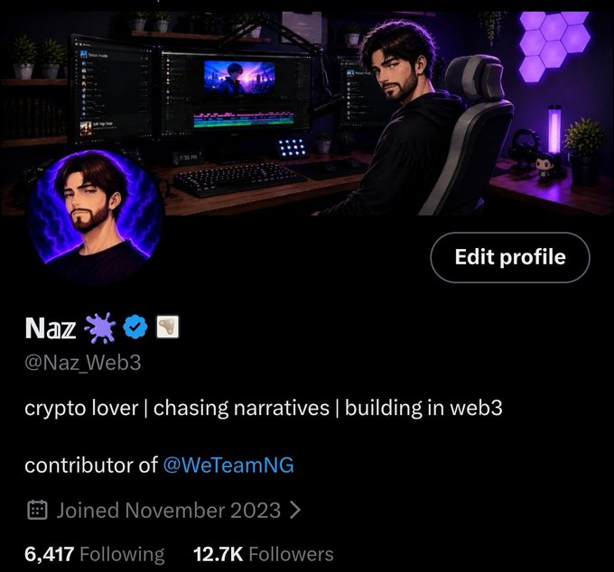 A Twitter profile page for 'Naz' (@Naz_Web3) with an illustrated avatar, header showing an animated man at a PC setup, bio 'crypto lover | chasing narratives | building in web3', 'contributor of @WeTeamNG', 'Joined November 2023', '6,417 Following', and '12.7K Followers'.