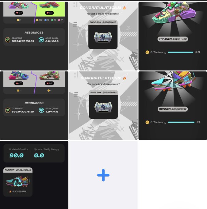 Screenshots from the STEPN app showing sneaker NFT rewards, including a 'CONGRATULATIONS! You got a brand new sneaker!' message for a TRAINER #520511468 with Efficiency 2.3 and a RUNNER #882438942 with Efficiency 7.1, along with resource counts of DIAMOND and Mint Gems.