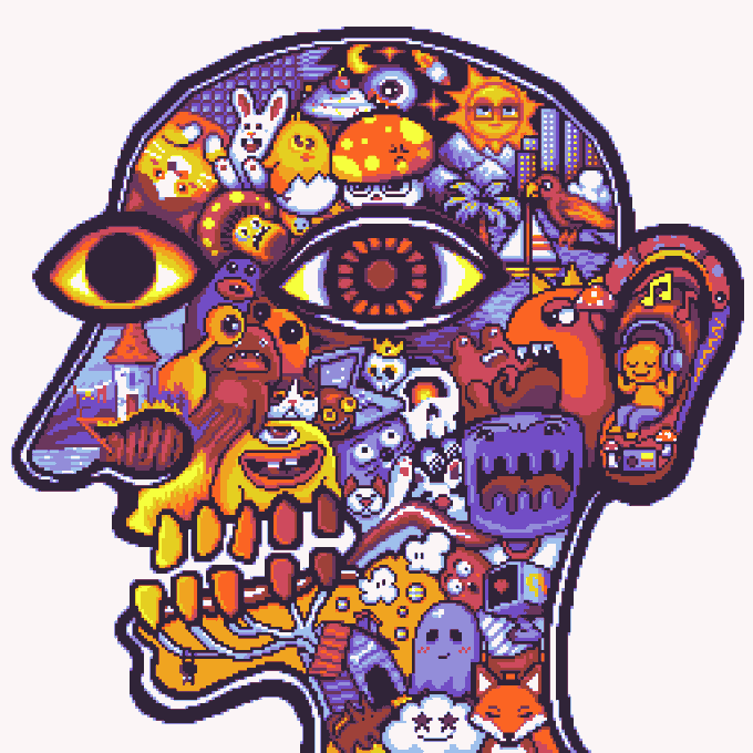 A vibrant, colorful pixel-art illustration of a human head in profile, filled with intricate, surreal imagery including eyes, animals, mushrooms, and fantastical creatures.