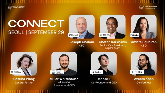 A promotional graphic for Cointelegraph CONNECT Seoul on September 29 features headshots and names/titles of seven speakers, including Joseph Chalom (CEO, Sharplink), Chetan Karkhanis (Senior VP, Digital Asset), Ambre Soubiran (CEO, Kaiko), Catrina Wang (General Partner), Miller Whitehouse-Levine (Founder & CEO, Solana Institute), Haonan Li (Co-Founder & CEO, Codex), and Azeem Khan (Co-Founder, Miden), aligning with the post's announcement of these leaders joining the event's lineup.