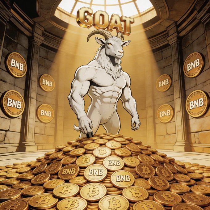 The image features a cartoon depiction of a muscular goat standing atop a large pile of gold coins. The goat has horns and appears to be holding a sword in its mouth. The background includes a stone wall with various coins scattered around, as well as some text that reads "Bought $GOAT a couple of days ago Today I saw group friends saying there' s an issue with the mechanism, so I contacted @irene_cc06 right away".