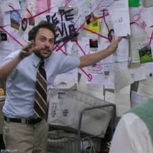 A man in a blue shirt and striped tie gesturing excitedly in front of a wall covered in papers and red string reading 'PEOPLE', a meme image.