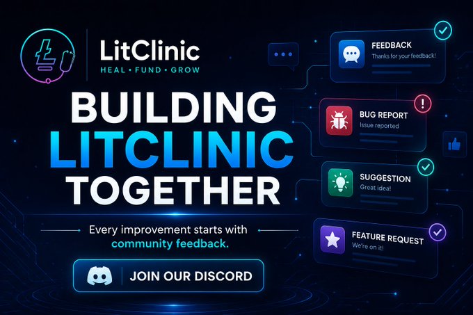 The image features a poster for a project called "Building LitClinic together" with a blue background, white text, and various icons related to the project. The poster includes a button that says "join our Discord" at the bottom right corner of the image. This suggests that the project is open to collaboration on social media platforms like Discord or other messaging apps for discussion and feedback.