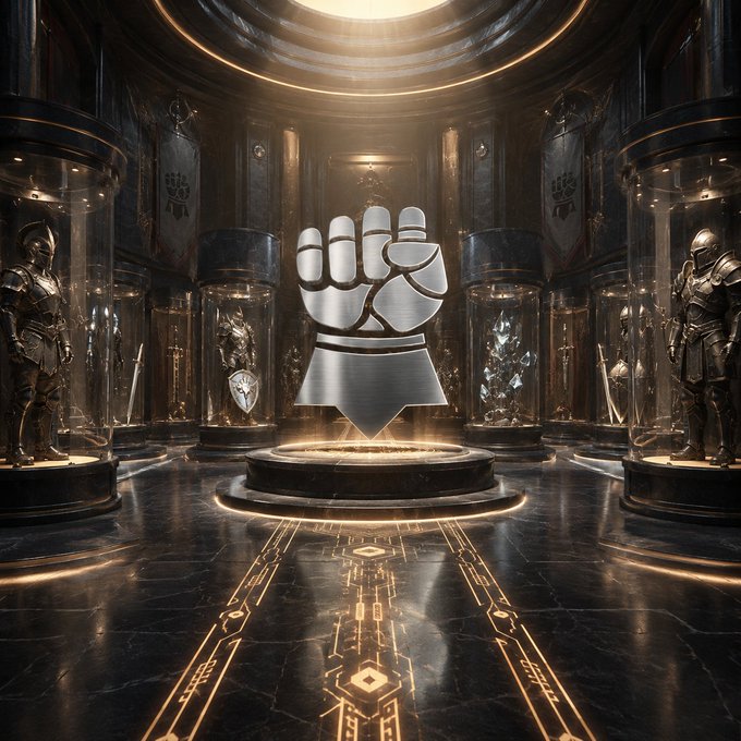 A glowing gauntlet emblem hovers above a pedestal in an ornate vault filled with suit of armor displays and illuminated runic pathways. The image symbolizes early NFT supporters as "knights" of a hidden treasury, reinforcing the post's message that lasting communities reward loyal early holders—those who entered before the hype—rather than latecomers chasing secondary market volume.