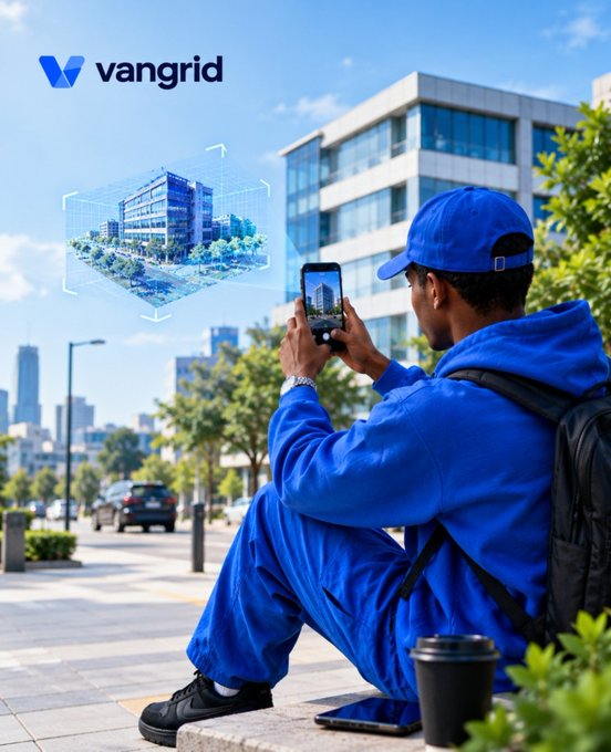 An advertisement for "vangrid" featuring a person in blue workwear photographing a structure with their phone, while a holographic digital model of a building appears overlaid in the urban scene.