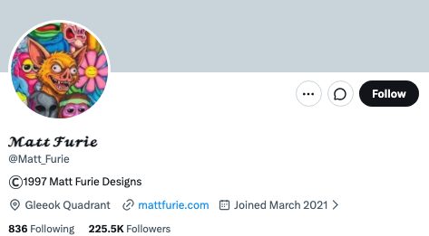 The image shows Matt Furie's Twitter/X profile, displaying his name "Matt Furie" with the handle @Matt_Furie, a profile picture featuring colorful artwork, and stats showing 836 Following and 225.5K Followers, with a join date of March 2021. This relates to the post announcing that Furie updated his profile picture to a $HOODRAT character, which is reflected in the vibrant, stylized art visible in his new pfp.