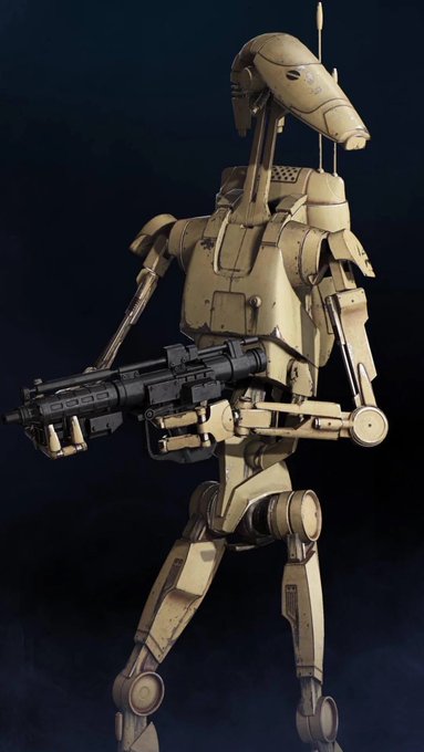 A battle droid holding a large gun, rendered in a realistic style against a dark background.