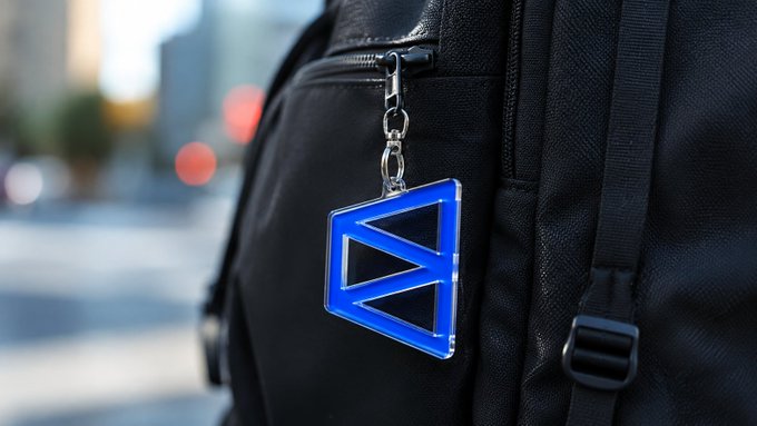 A blue and black keychain with a geometric triangular logo hangs from the zipper of a black backpack against a blurred city background.