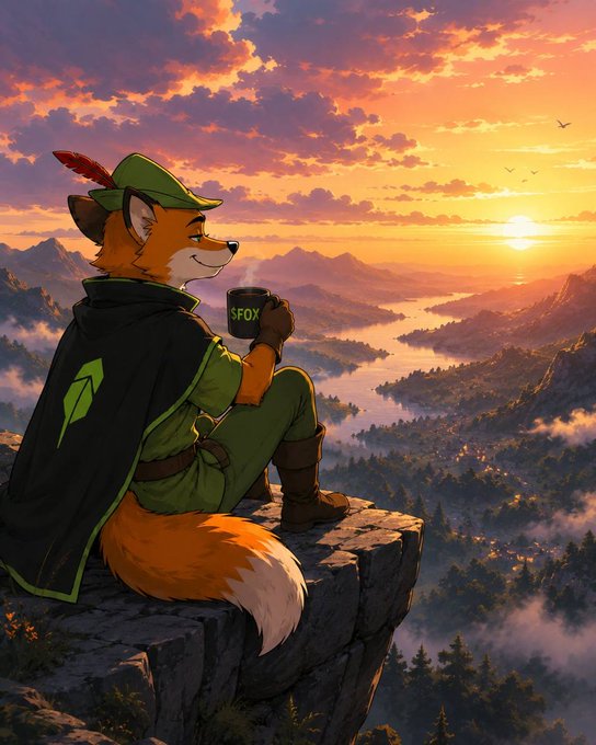 A red fox dressed in a green tunic and cape with a feathered hat sits atop a cliff edge, holding a mug labeled "SFOX" while gazing at a sunset over a misty mountain landscape. The image visually promotes the $FOX token by theatrically embodying the fox mascot in a heroic, contemplative pose fitting the post's bullish narrative about the token's potential reversal.
