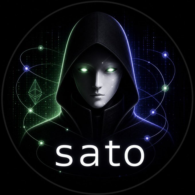 A digital art logo featuring a mysterious hooded figure with glowing green eyes surrounded by green and purple technological energy patterns, with the text 'sato' displayed prominently below.