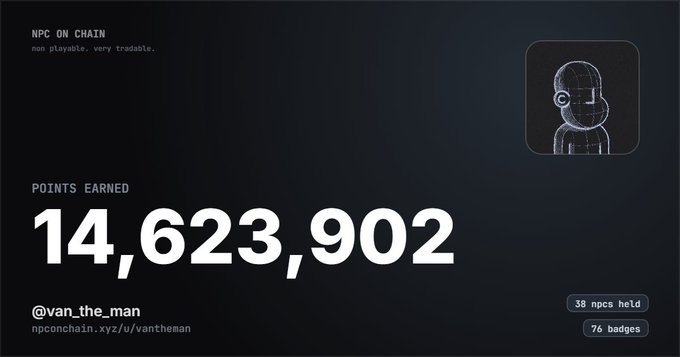 A dark dashboard for 'NPC ON CHAIN' displaying 'POINTS EARNED 14,623,902' for the user '@van_the_man' with 38 NPCs held and 76 badges.