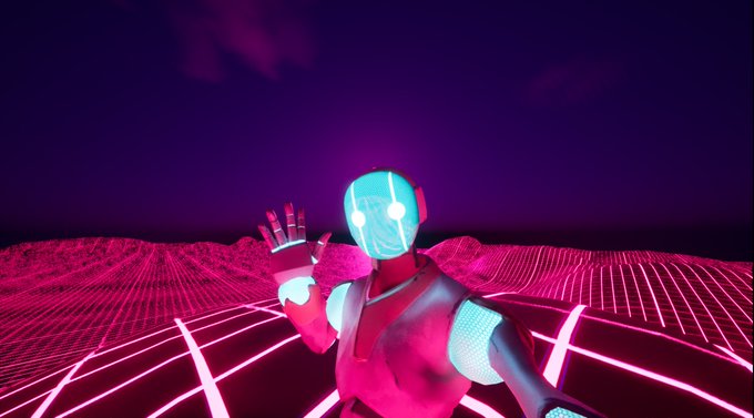 A digital/cyberpunk scene featuring a humanoid figure with a glowing cyan face and red outfit waving, set against a neon pink grid landscape under a dark sky.