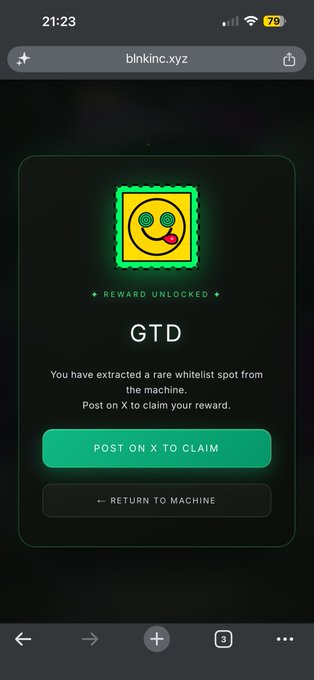 A mobile phone screenshot from blinkinc.xyz showing a 'REWARD UNLOCKED' screen with a face-tongue emoji sticker and the text 'GTD' and 'You have extracted a rare whitelist spot from the machine.'