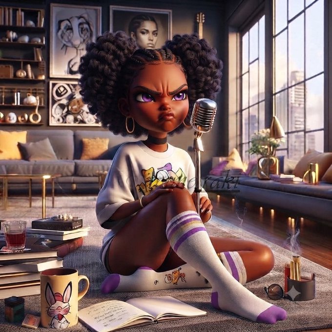 A stylized digital illustration of a young Black woman with a fierce expression, sitting on a rug in a modern apartment while recording into a vintage microphone, with "Kaitaki" text visible — embodying the post's determination to hit 5K followers by month's end.