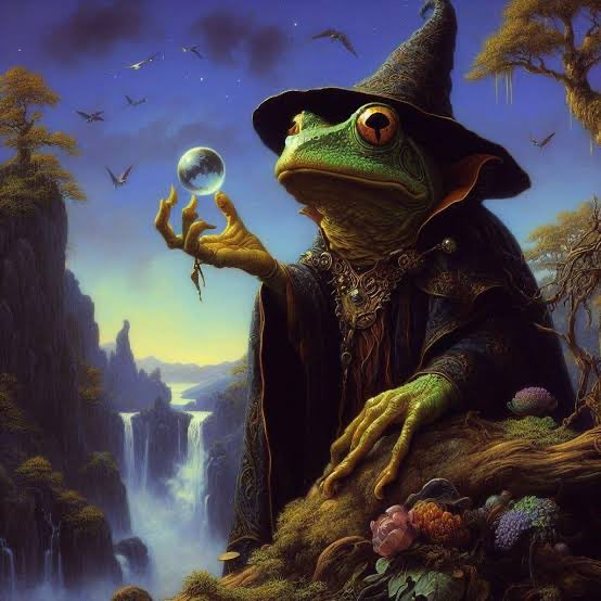 Fantasy digital artwork of a green frog dressed as a wizard in a pointed hat and dark robes, holding a glowing crystal ball with a scenic waterfall and mountains in the background.