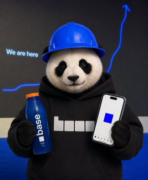 A panda mascot wearing a blue hard hat and a Base-branded hoodie holds a Base water bottle and a smartphone showing the Base app, set against a backdrop reading "We are here." The image plays on the crypto post's mention of a "Base crime" trend, using the panda to represent the relaunched $PANDA coin (address 0xb200...01) tied to Base's ecosystem and its developer linked with Cobie.