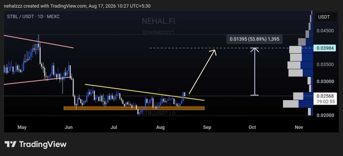 TradingView chart of STBL/USDT on MEXC showing a breakout from a descending wedge pattern with a projected 53.89% gain to 0.01395 (1,395%), dated August 17, 2026, by nehalzz.
