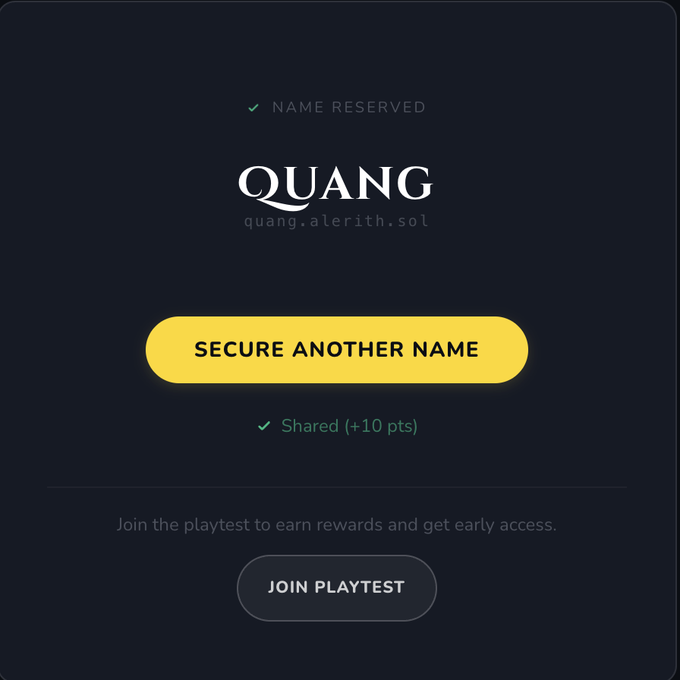 The image contains a black background with a yellow title bar that reads "Quang". This refers to a player named Quang who is joining a free-to-play MMORPG, specifically the one being built on Solana called "Alerith". The image also includes an alert box with a white X symbol, possibly indicating an alert related to the player's participation in the game. Furthermore, there is another button labeled "Join PlayTest" in the bottom right corner of the image, suggesting that players could be invited to participate in the beta testing stage of the game before it becomes available for regular play. The text within these elements likely provides more information about the current status or gameplay process associated with Quang and Alerith.