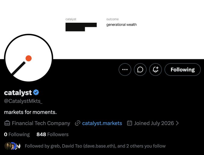 A Twitter profile screenshot of Catalyst (@CatalystMkts_), a Financial Tech Company founded in July 2026 with 848 followers and the tagline "markets for moments," which the post highlights as potentially significant due to its backing by notable Base team members @jessepollak and @davidtsocy.