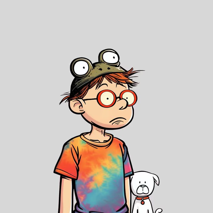 A cartoon illustration of a red-haired boy wearing a frog hat and round glasses, standing next to a small white dog.