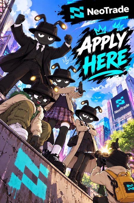 Anime-style illustration for an "NeoTrade" recruitment advertisement featuring black bug-like characters in detective outfits and school uniforms, with "APPLY HERE" in graffiti-style text.
