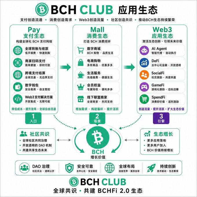 A Chinese infographic for 'BCH CLUB 应用生态' illustrating an ecosystem with three pillars: Pay (支付生态), Mall (消费生态), and Web3 (应用生态), flowing into community consensus (社区共识) and ecological growth (生态增长).