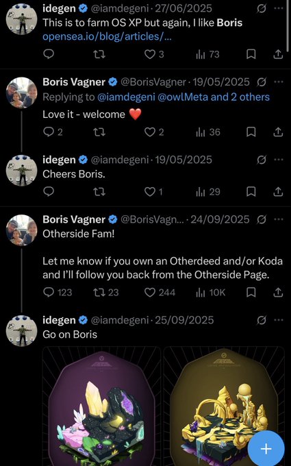 A Twitter/X thread showing interactions between users @iamdegeni and @BorisVagner discussing OS XP farming, Otherdeed, and Koda NFTs.