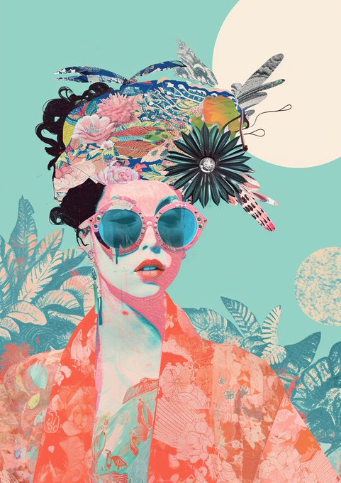 A vibrant collage-style portrait of a woman wearing floral-decorated sunglasses against a turquoise background with tropical leaves.