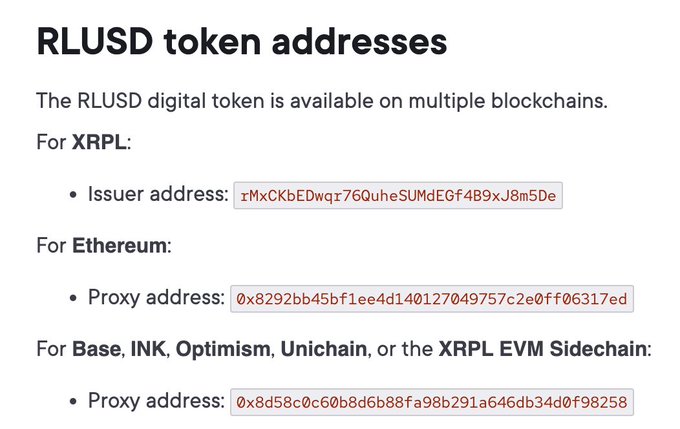 The image displays the official token contract addresses for the RLUSD stablecoin across multiple blockchains: XRPL (issuer: rMxCKbEDwar76OuhеSUMdEGf4B9xJ8m5De), Ethereum (0x8292bb45bf1ee4d140127049757c2e0ff06317ed), and Base/INK/Optimism/Unichain/XRPL EVM Sidechain (0x8d58c0c60b8d6b88fa98b291a646db34d0f98258), corresponding to Ripple's new Mint platform for distributing RLUSD across these networks.