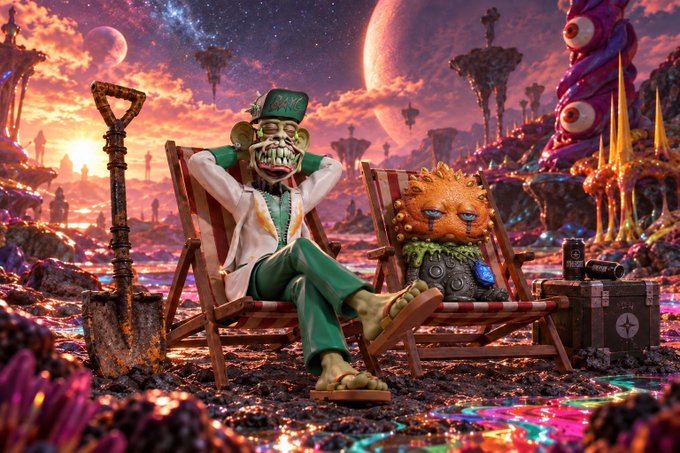 A surreal 3D render of two grotesque characters—a humanoid in a green suit and top hat, and a creature with a pufferfish-like head—sitting in beach chairs on an alien landscape.