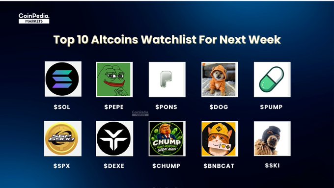 The image is a Coinpedia Markets graphic titled "Top 10 Altcoins Watchlist For Next Week," displaying cryptocurrency logos and tickers arranged in two rows. The featured altcoins are $SOL, $PEPE, $PONS, $DOG, $PUMP, $SPX, $DEXE, $CHUMP, $BNBCAT, and $SKI, corresponding to the watchlist post highlighting Solana, Pepe, Pons, Dog, Pump fun, SPX6900, DeXe, and Chump among the top picks to monitor.
