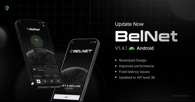 A promotional graphic for "BelNet" VPN app update version 1.4.1 for Android, highlighting features like revamped design, improved performance, and fixed latency issues, shown with mockups of the app on smartphones.
