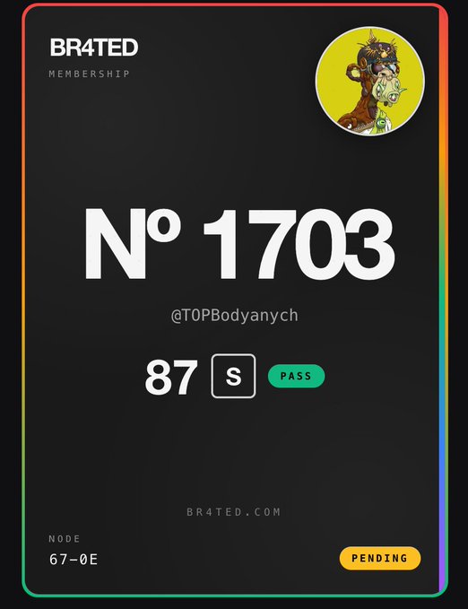 A digital membership card for 'BR4TED' displaying 'Nº 1703', the handle @T0PBodyanych, an '87 S PASS' score, node 'G7-0E', and a 'PENDING' status.