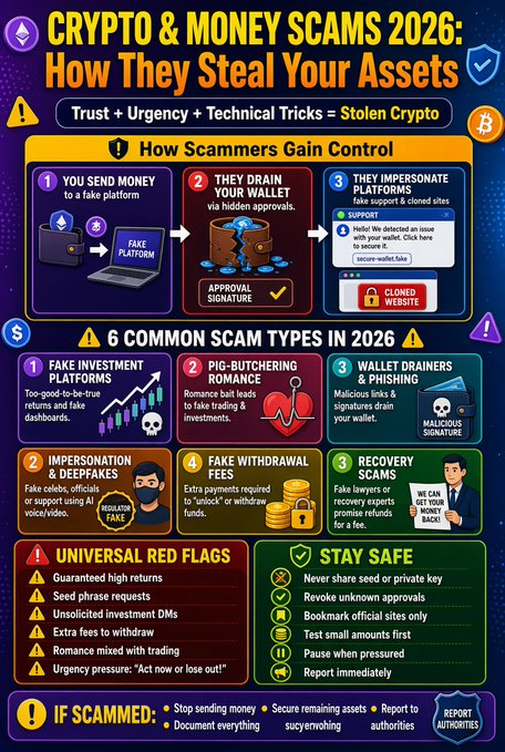 The image is an infographic titled "CRYPTO & MONEY SCAMS 2026: How They Steal Your Assets," outlining a three-step scam process (sending money, draining wallets, impersonating platforms) alongside six common scam types including Fake Investment Platforms, Pig-Butchering Romance, Wallet Drainers, Impersonation & Deepfakes, Fake Withdrawal Fees, and Recovery Scams. It also lists universal red flags and safety tips, reinforcing the post's "Helpful" theme by serving as an educational warning guide against emerging cryptocurrency and financial fraud tactics.