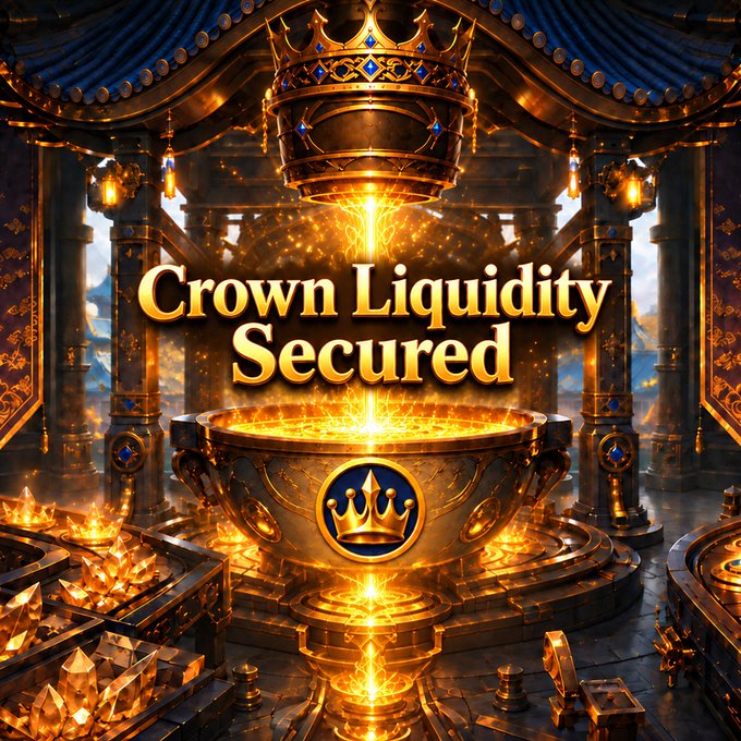 An ornate golden digital graphic displays 'Crown Liquidity Secured' above a glowing chalice and a hanging crown in a fantasy-style chamber.