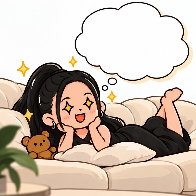 A chibi-style cartoon illustration of an excited girl with sparkling star eyes lying on a couch next to a small brown teddy bear, with a blank thought bubble above her head.