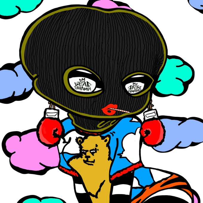 A colorful pop-art style illustration of a figure wearing a black ski mask with graffiti on the eyes, red boxing gloves, and holding a teddy bear.