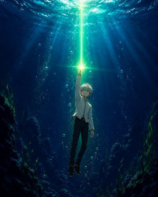 Anime-style artwork of a white-haired boy in a school uniform floating underwater, reaching up toward a glowing green light beam piercing the ocean surface.