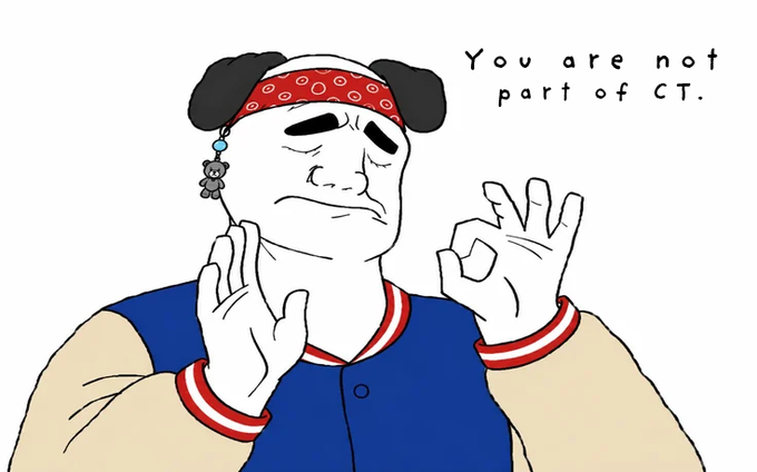 A cartoon drawing of a man wearing a red bandana and blue jacket making hand gestures, with the text 'You are not part of CT' written next to him.