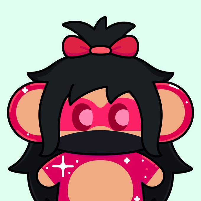 A cartoon illustration of a cute character with long black hair, a red bow, a pink eye mask, and a pink superhero costume with star patterns, resembling a stylized monkey character.