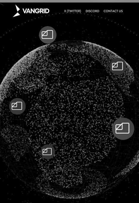 A black-and-white visualization shows a globe dotted with countless points representing data or assets, surrounded by file/folder icons, with the 'VANGRID' logo and navigation links ('X (TWITTER)', 'DISCORD', 'CONTACT US') at the top.