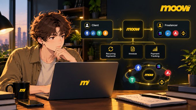 A Moovi-themed promotional illustration shows a young man using a laptop alongside a client-to-freelancer workflow involving recurring payments, invoices, payment tracking, and cryptocurrency logos.