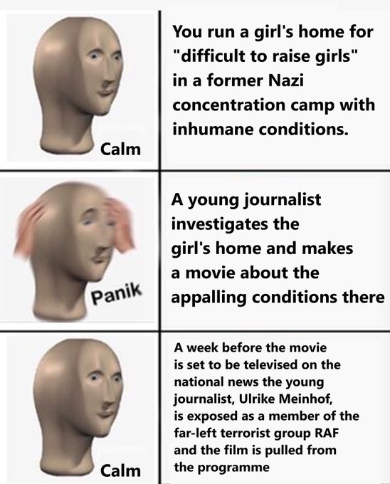 The image shows three different head images of a man's face with text overlaying them that says "You run a girl's home for 'difficult to raise girls' in a former Nazi concentration camp with inhumane conditions". The first image is at the top, followed by the middle image and then the bottom image. Each image has a caption below it explaining what it represents.