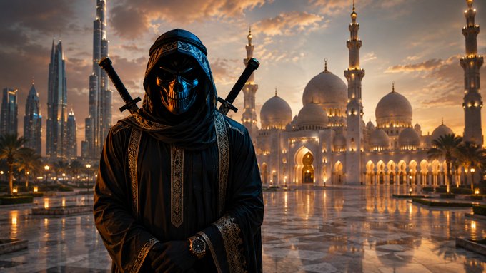 A cinematic depiction of a masked figure in dark robes holding two swords, standing before a grand mosque with multiple domes and minarets at sunset.